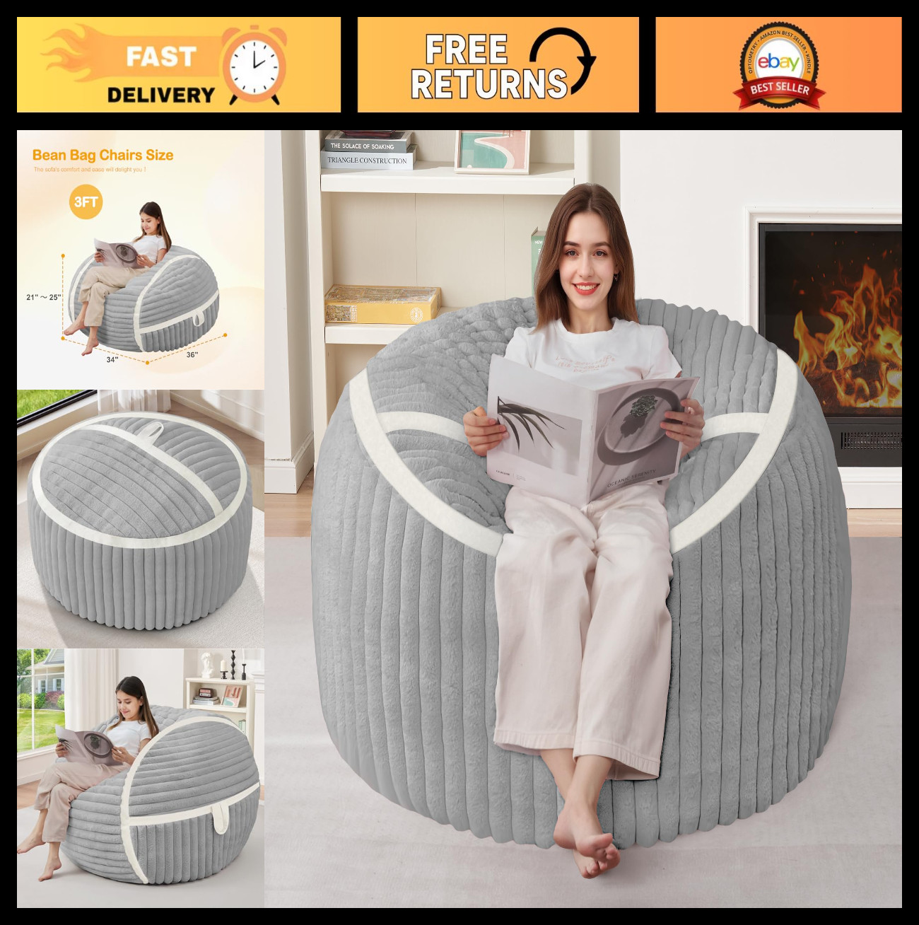 Cozy 3FT Bean Bag Chair for Adults – Memory Foam & Soft Faux Fur – Living Room,