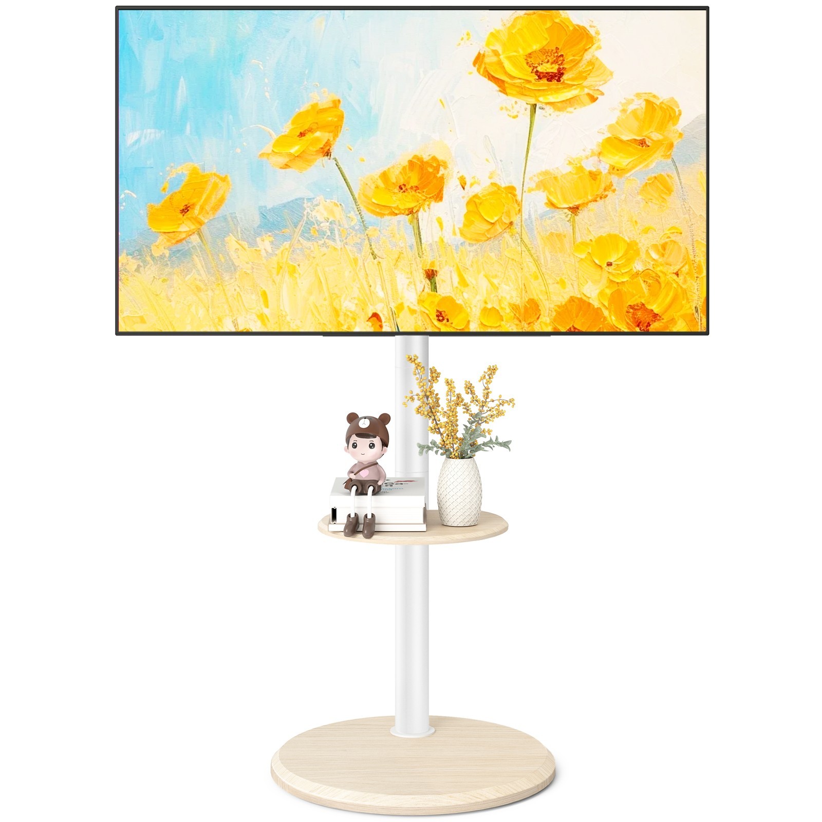 Mobile Floor TV Stand with Round Wooden Base for 32-65 inch TVs, Adjustable Tilt