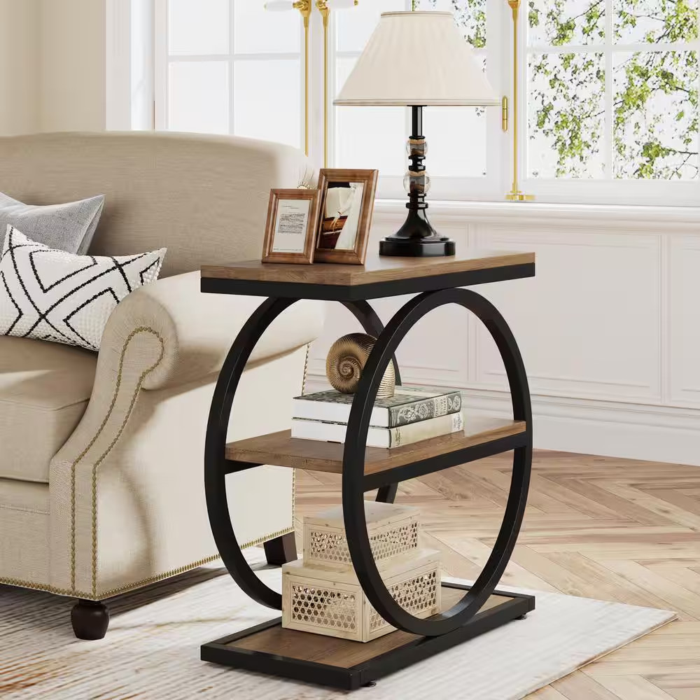 Kerlin 23.6 In. Brown Rectangle Wood End Table, Narrow End Table with 3-Storage