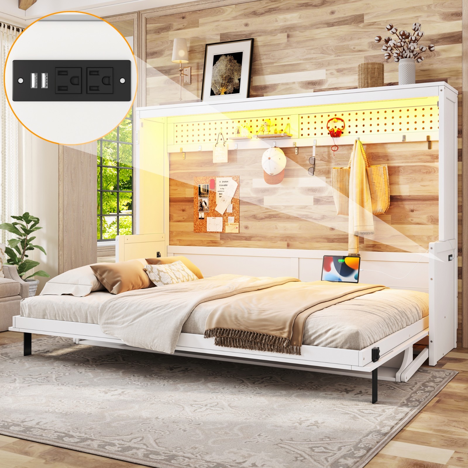 Queen Size Murphy Bed with Desk, USB Charging Station & LED Lights White/Gray