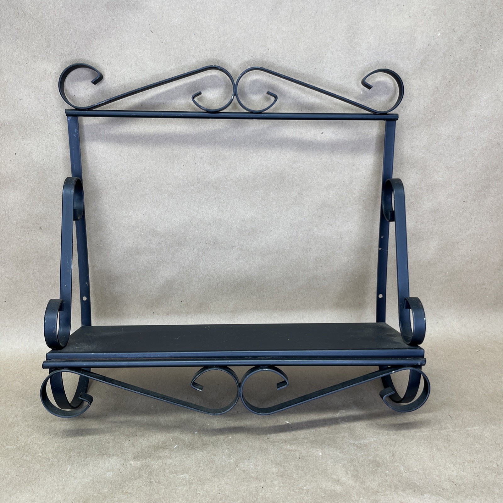 Vtg Black Metal Wrought Iron Wall Hanging Shelf Spice Rack Scroll Decor 12″