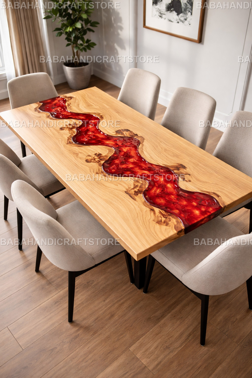 Crimson Red Epoxy Resin River Table Top | Live Edge Wood Slab Dining Table | top