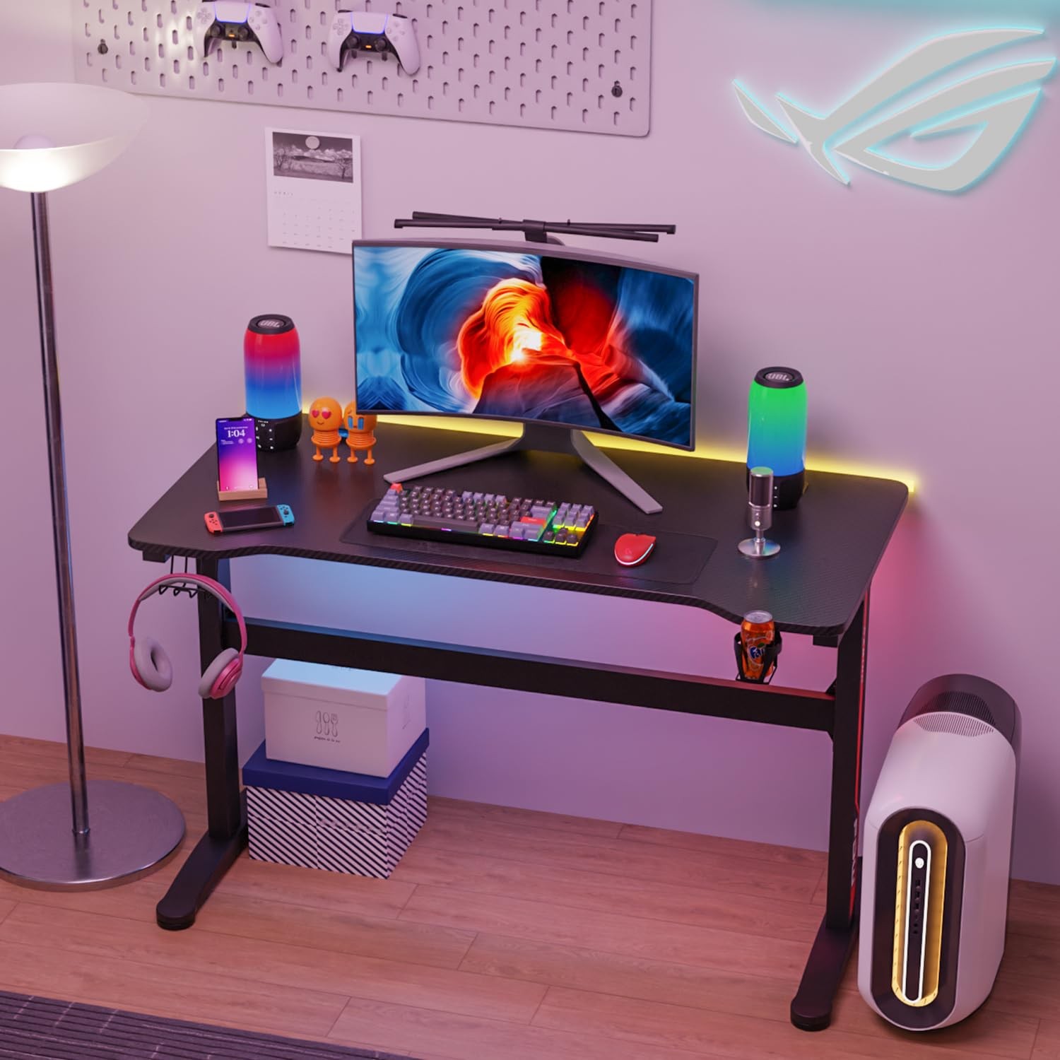 Gaming Desk Large Computer Workstation 47 Inch Black Metal & MDF Adult Teens