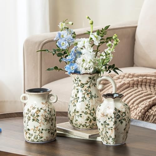 Ceramic Vase Set of 3, Green Chinoiserie Floral 06-green and Beige-set of Three