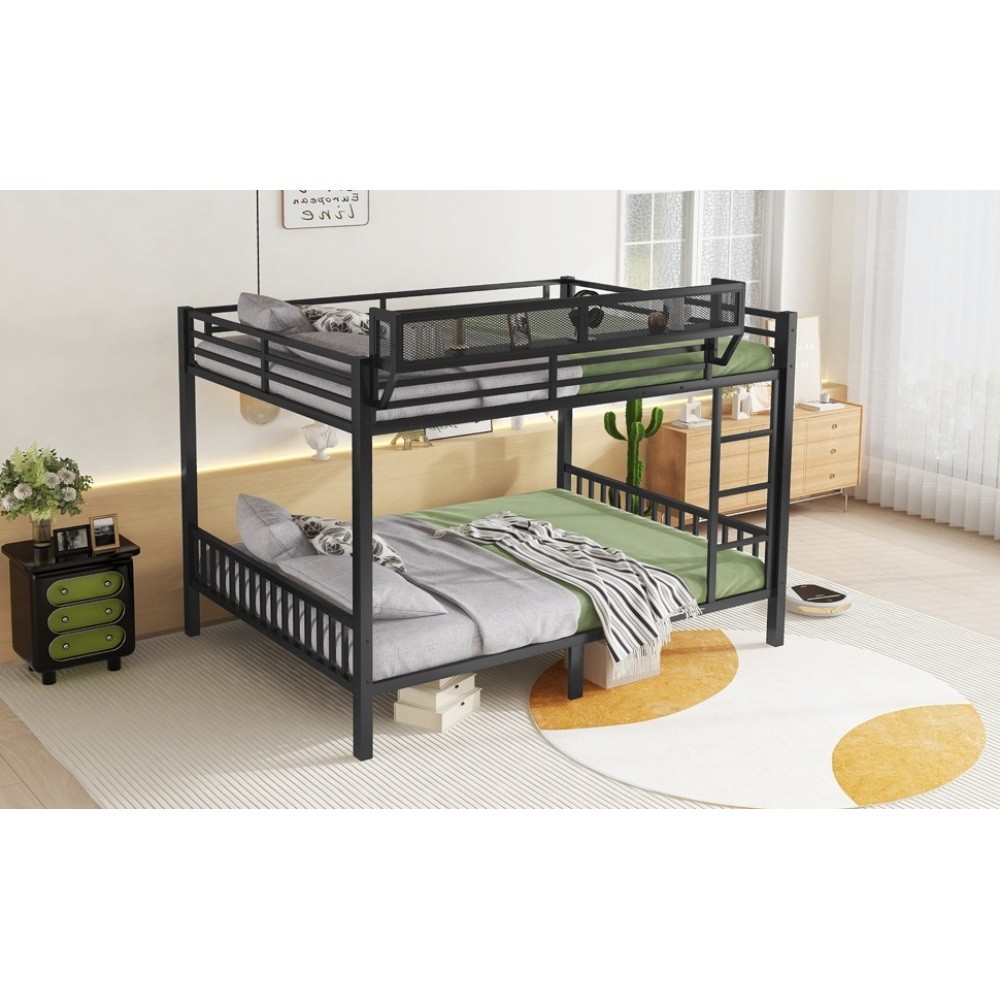 Queen Over Queen Metal Bunk Bed with Ladder and Storage Shelf for Adults Teens