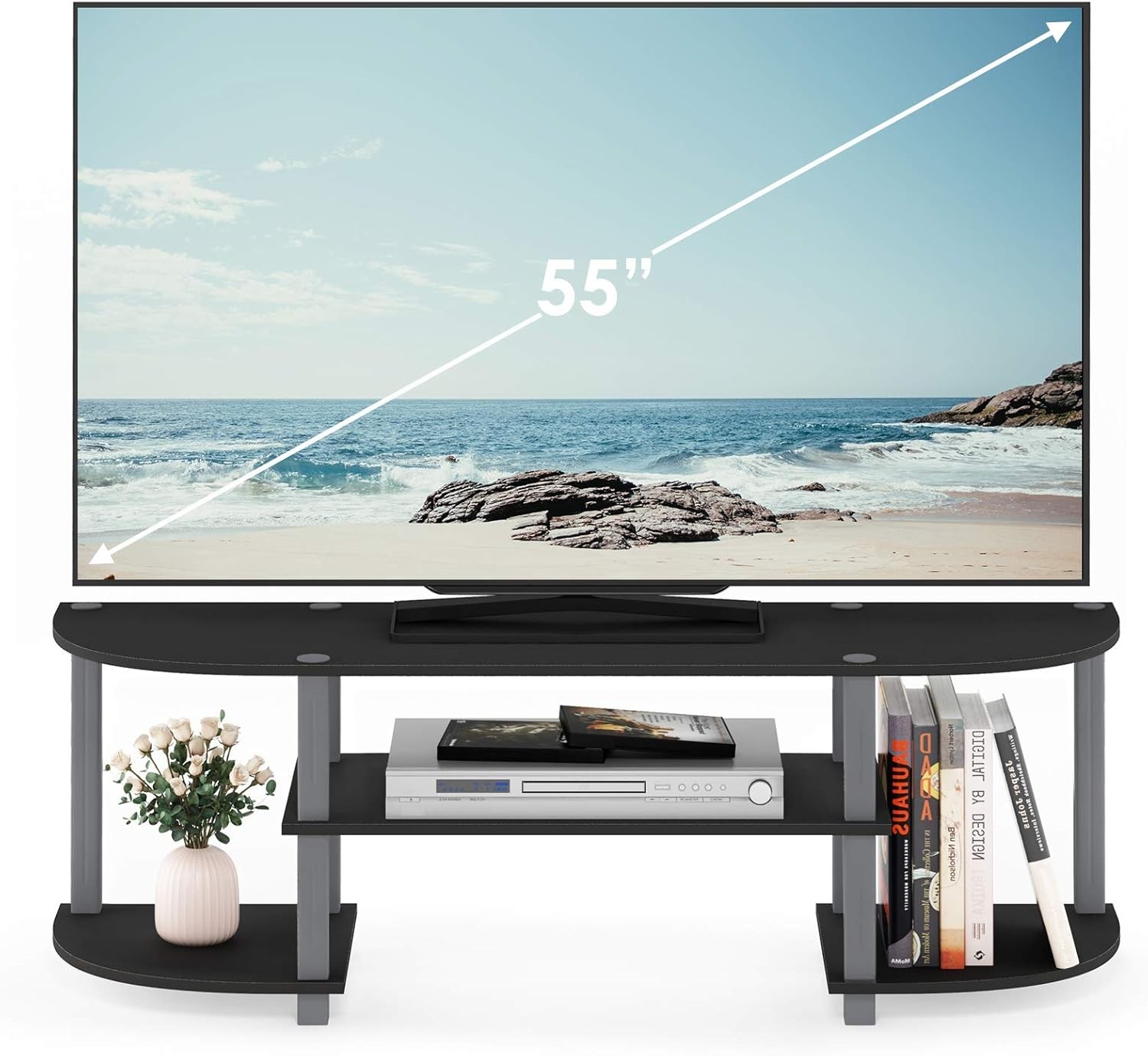 Stylish Wide TV Entertainment Center with Easy 10-Minute Assembly – Black/Grey