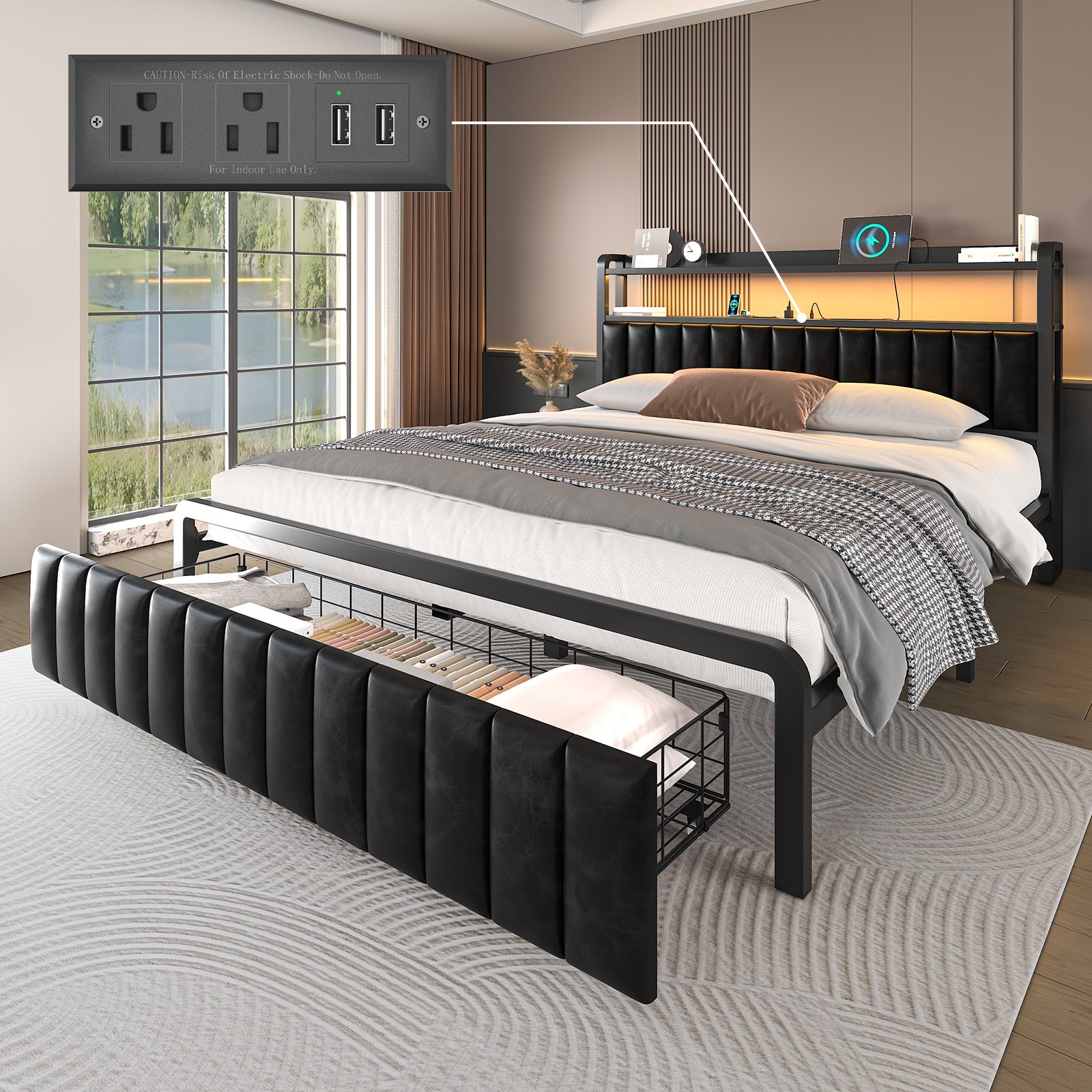 Full Queen Size Metal LED Bed Frame with Bed End Drawer and Storage Headboard