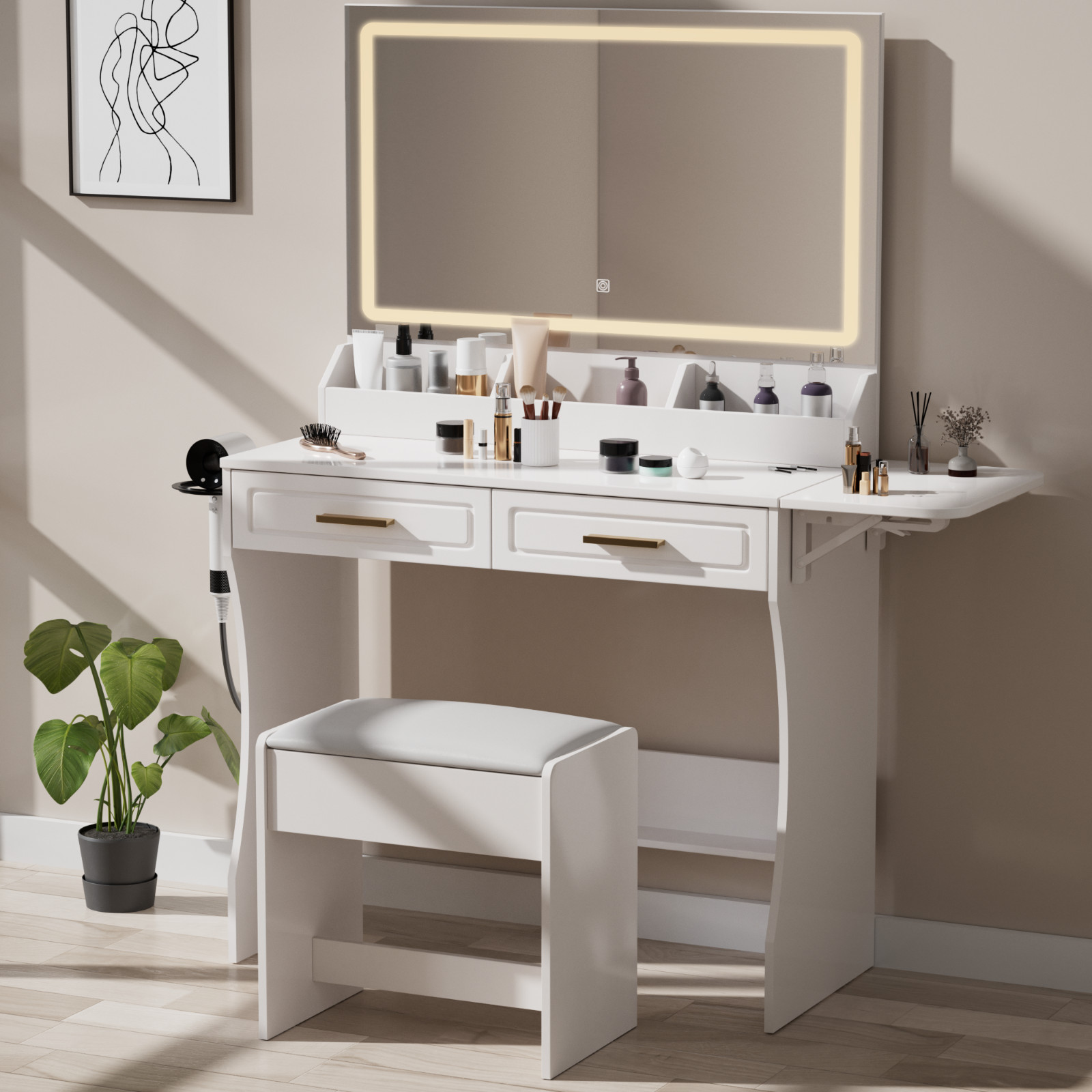 Modern White Makeup Vanity Desk with Mirror, Adjustable Lights, Storage & Stool