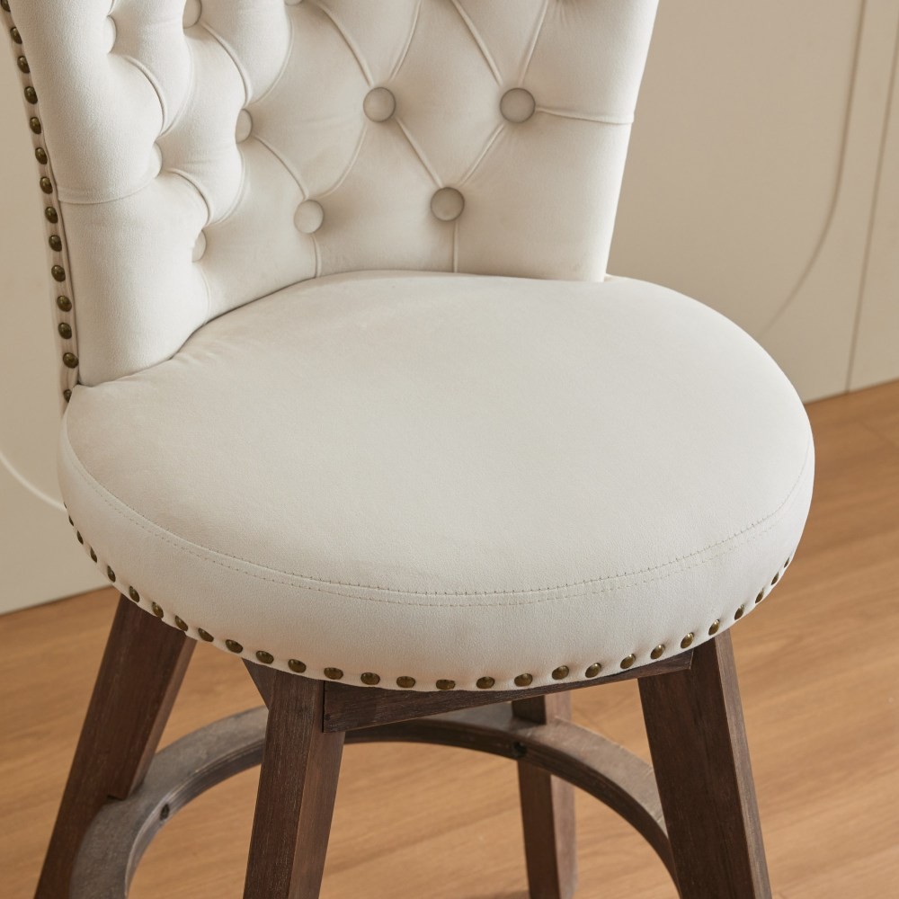 26″ 360° Swivel Counter Height Bar Stools Set of 2 Tufted Button Trimmed Wood