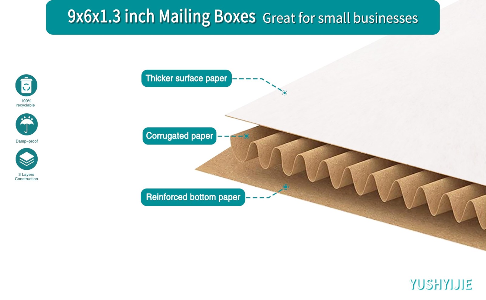 Yushyijie 50 Pack 9X6X1.3 Inch Small Boxes Multi-Depth Flat Corrugated