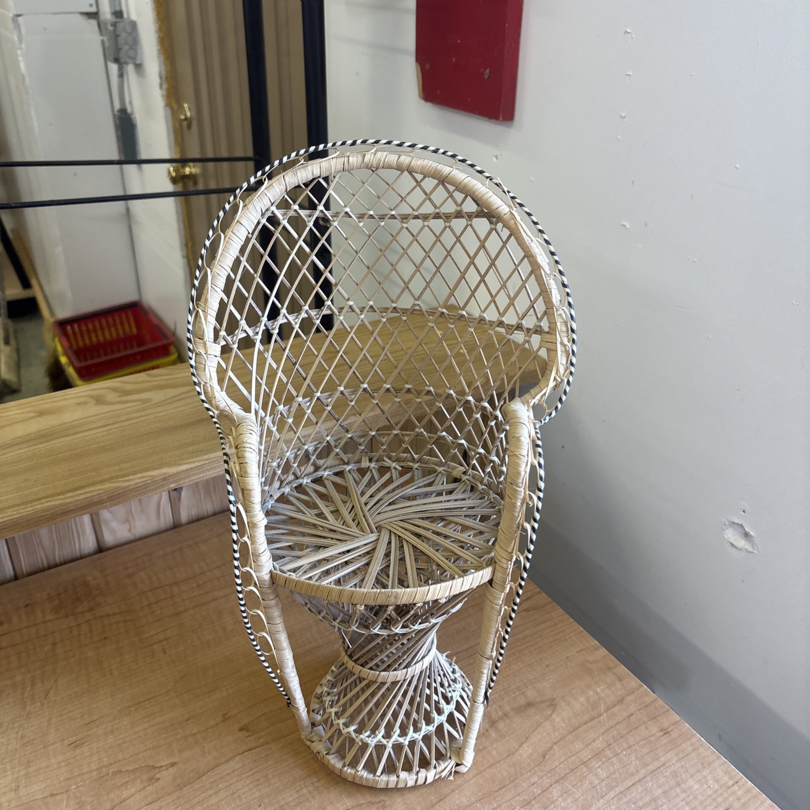 Wicker Chair Fan Back Rattan Doll Plant Stand Small Boho Brown Tan Peacock 16″