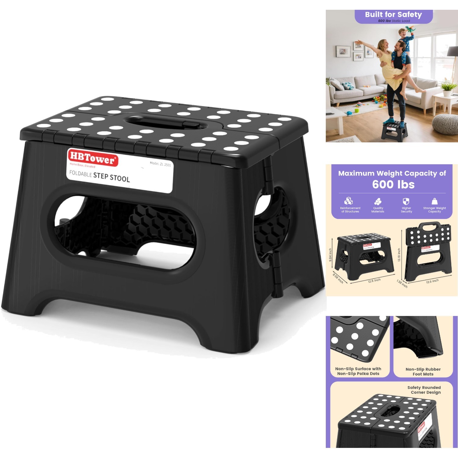 9-Inch Folding Step Stool 600lb Capacity Heavy Duty Non-Slip Portable Foot Stool