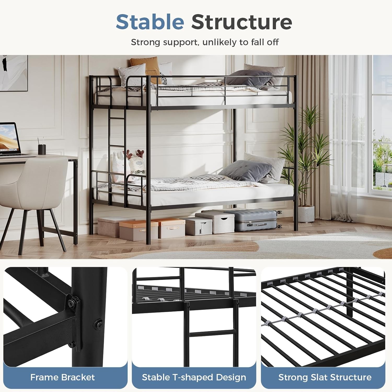 Heavy Duty Twin over Twin Metal Bunk Bed Frame w/Ladder for Kids Adult Bedroom