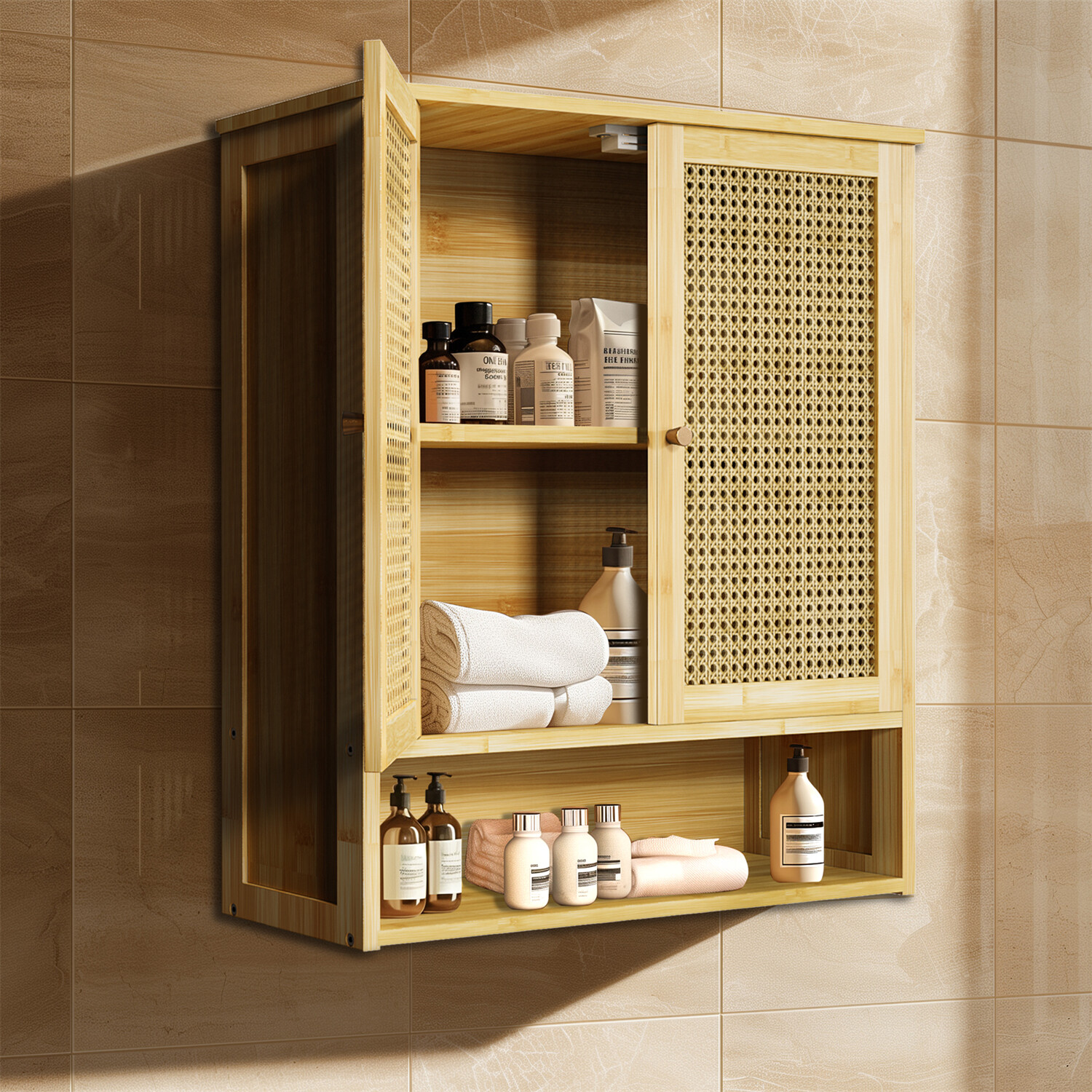 Bathroom Cabinet Wall Mounted, Bamboo Over-The-Toilet Storage Organizer 2 Door