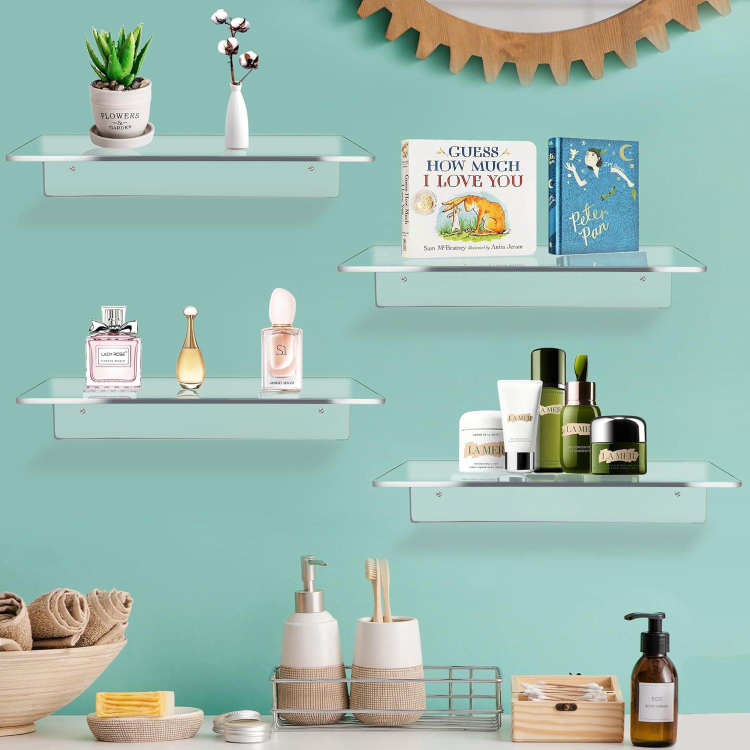 12 Inch L-Shaped Acrylic Floating Shelf Clear Wall Mounted Shelves Invisible 5MM