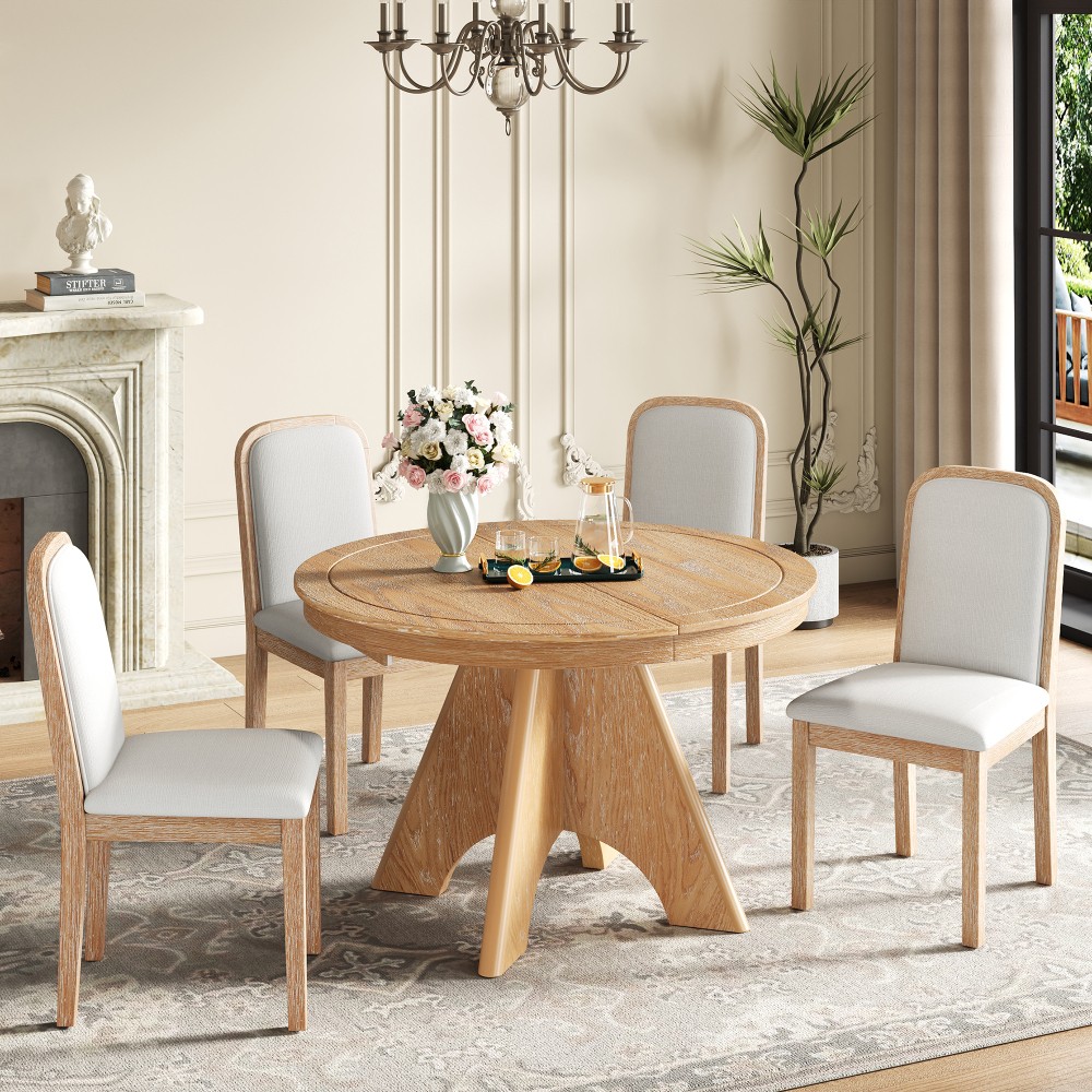 Vintage Extendable Dining Table Set for 4-6 with 4 Upholstered Chairs