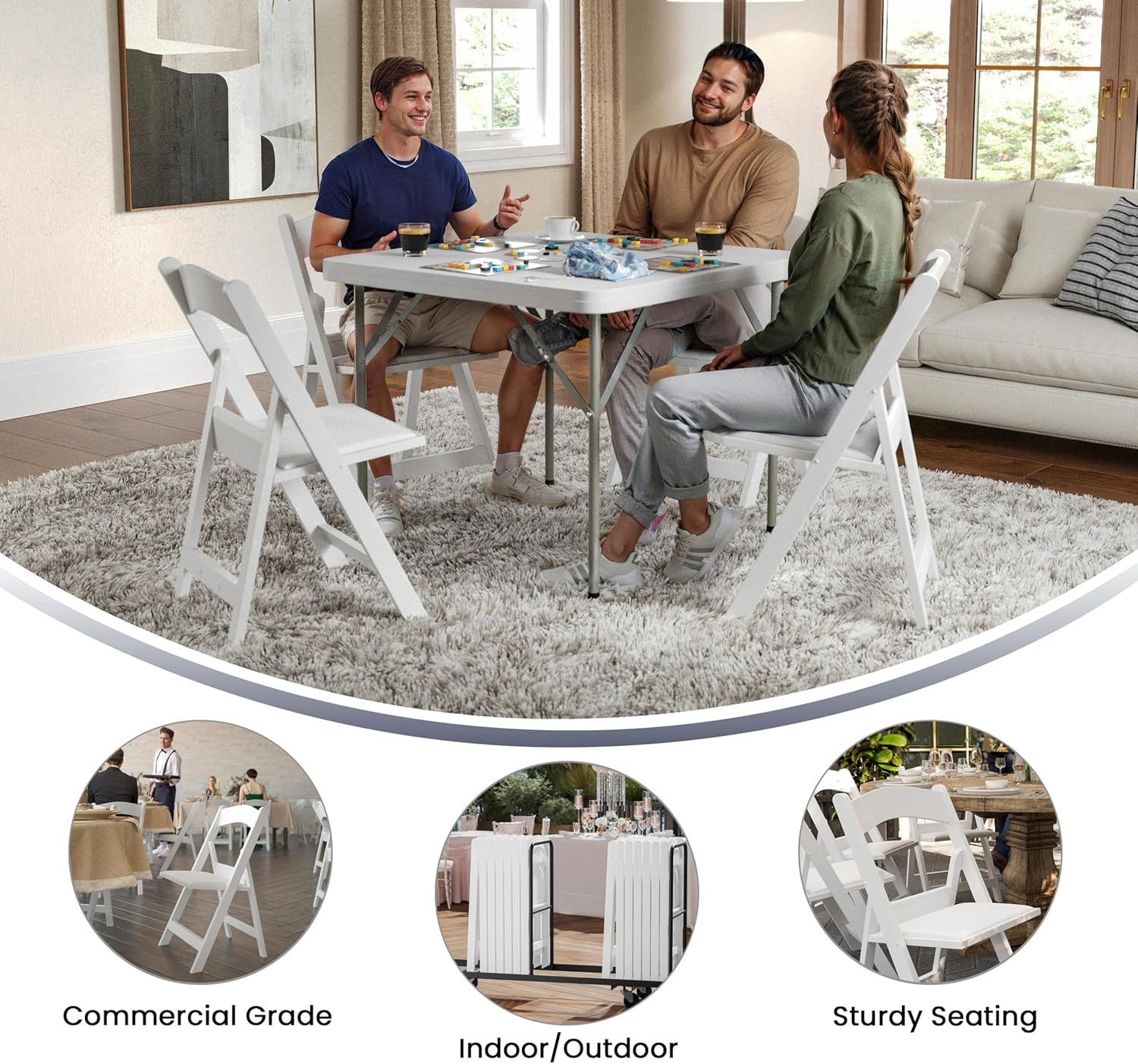 Hercules Series Folding Chair – White Resin – Set of 4 800LB Weight Capacity Com