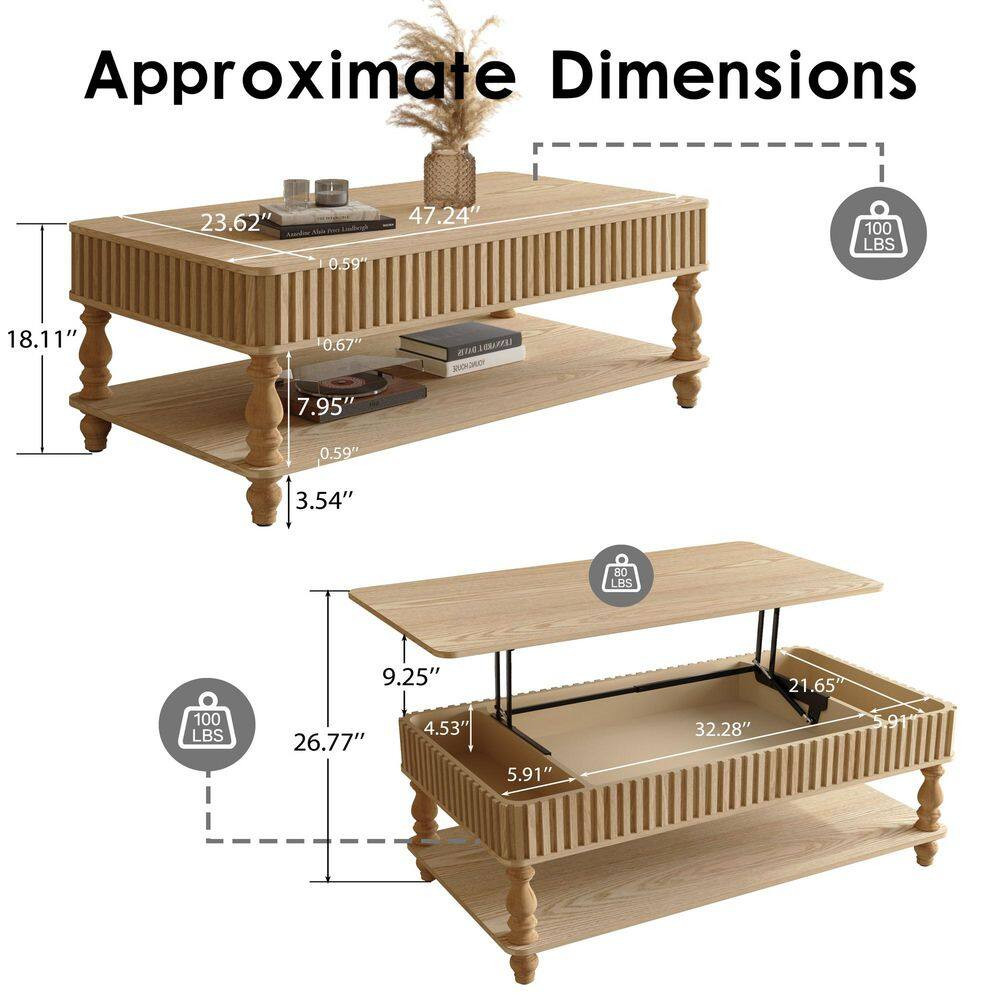 Babbitt 47.24 In. Natural Rectangle MDF and Solid Wood Coffee Table with Adjusta