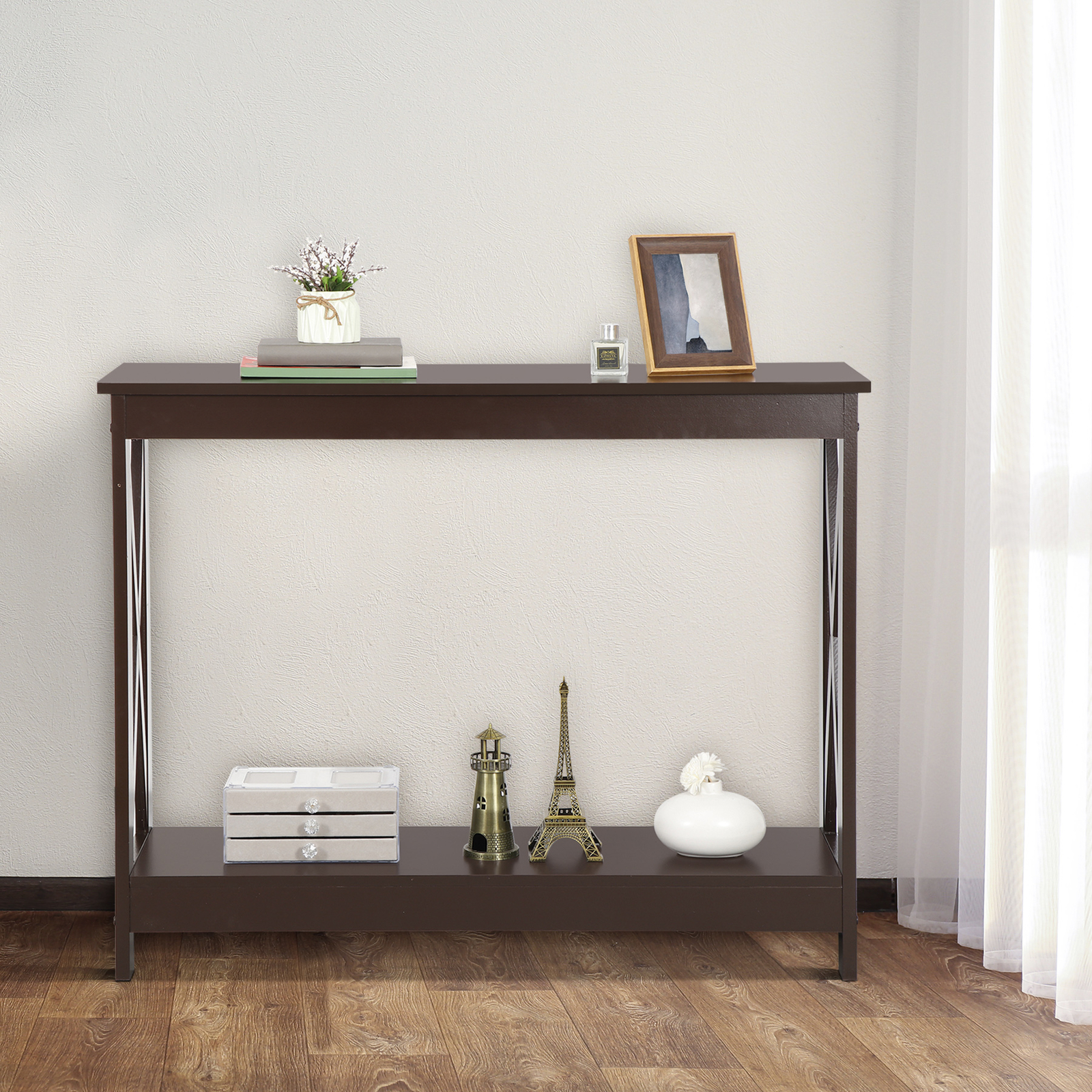 Console Table Entryway Table Narrow Sofa Side Table with 2-Tier Shelves Brown