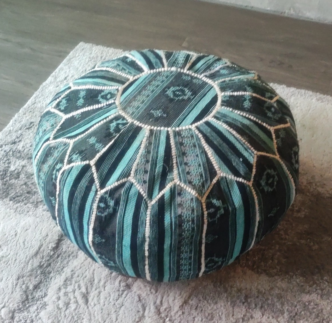 Round Moroccan Pouf Ottoman Leather/Fabric Zip Geometric Multicolor
