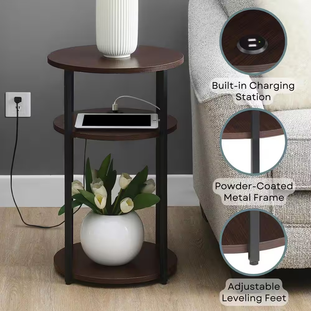 Designs2Go Simon 15.75 In. W Espresso round Wood 3 Tier End Table with USB Ports