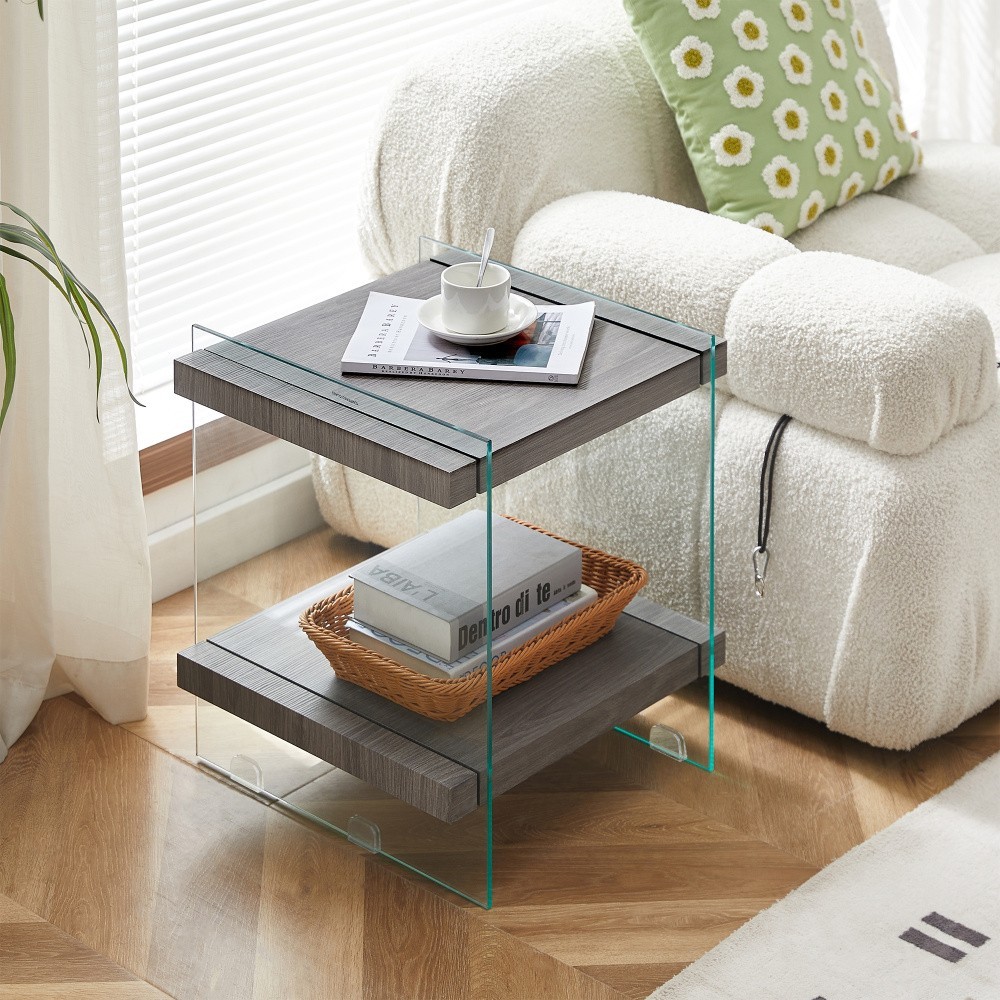 Bedroom Tempered Glass Leg Side Table with Dual MDF Shelves For Living Room