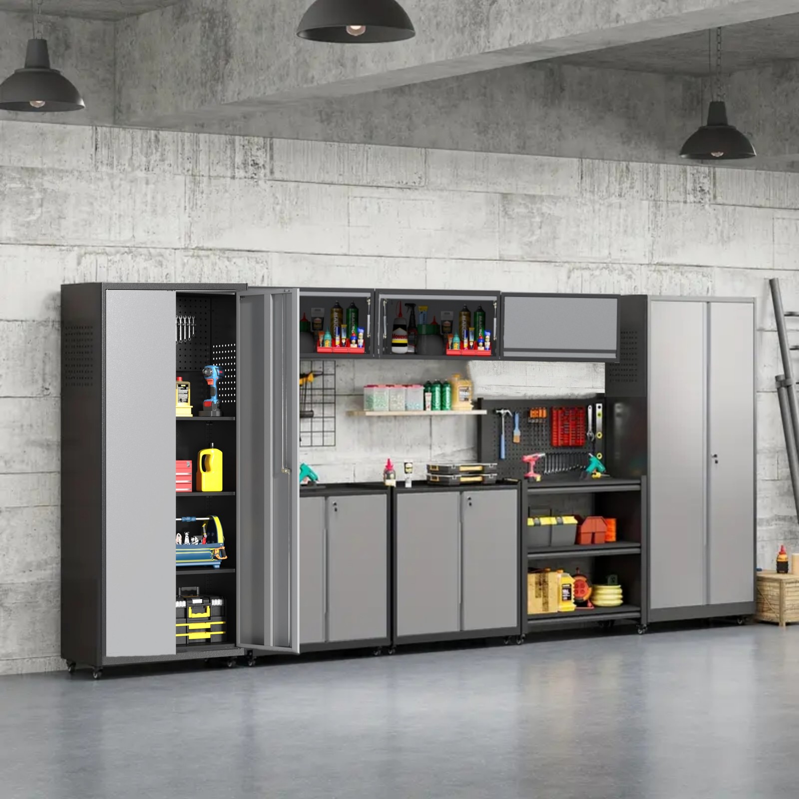 8Pcs Workshop Cabinet Set Steel Garage Storage Cabinet w/Workbench Rolling Chest
