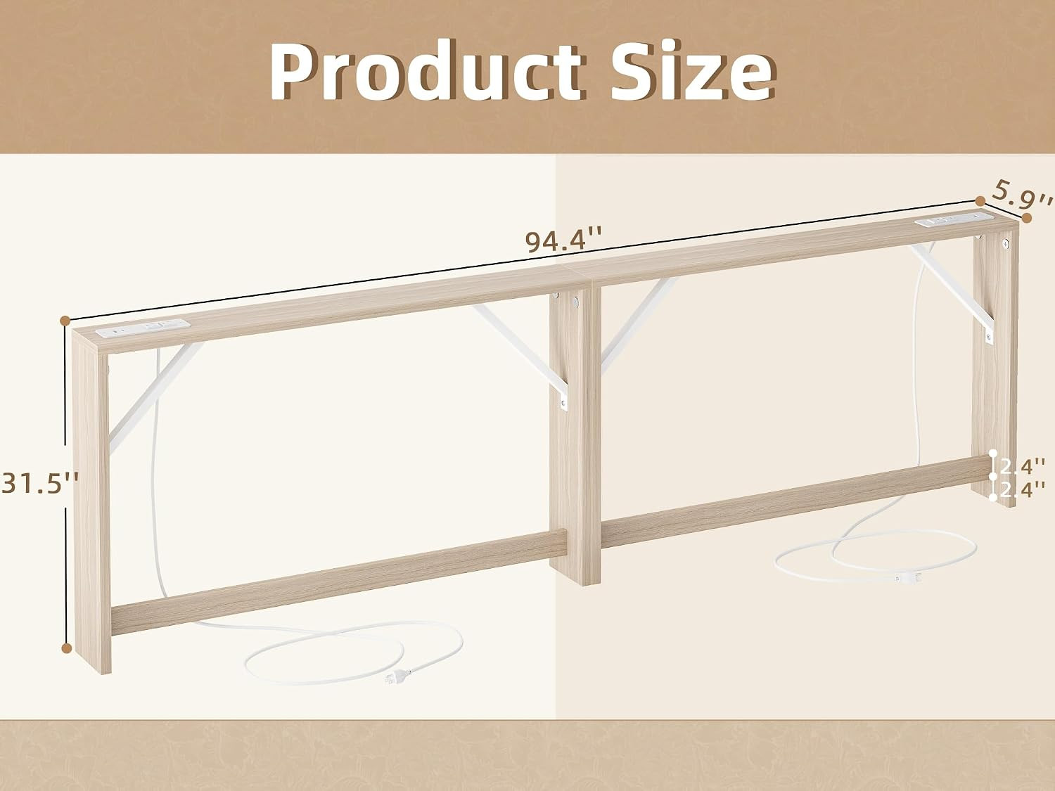 Light Walnut Narrow Console Table Set with Power Outlet, 94” for Living Room
