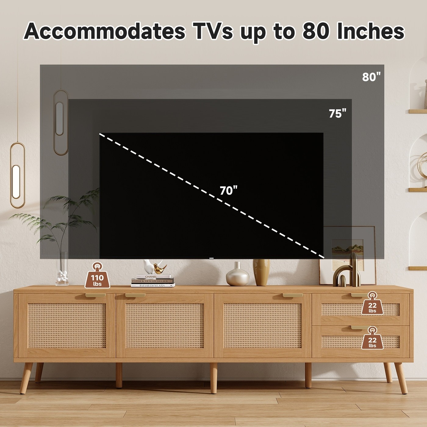 70 in Modern TV Stand with Rattan Doors – n/a