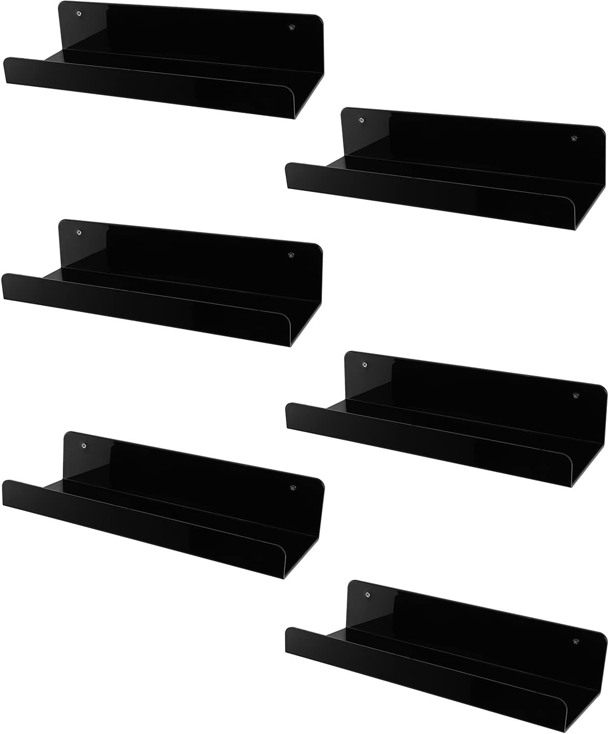 6 Pack Black Floating Shelves, 15 Inch Acrylic Shelves, Wall Mounted Bookshel…