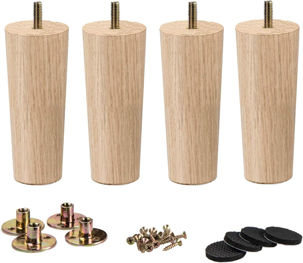 Solid Wood Furniture Legs 6In Tapered Replacement Feet 5/16 Thread Set Of 4