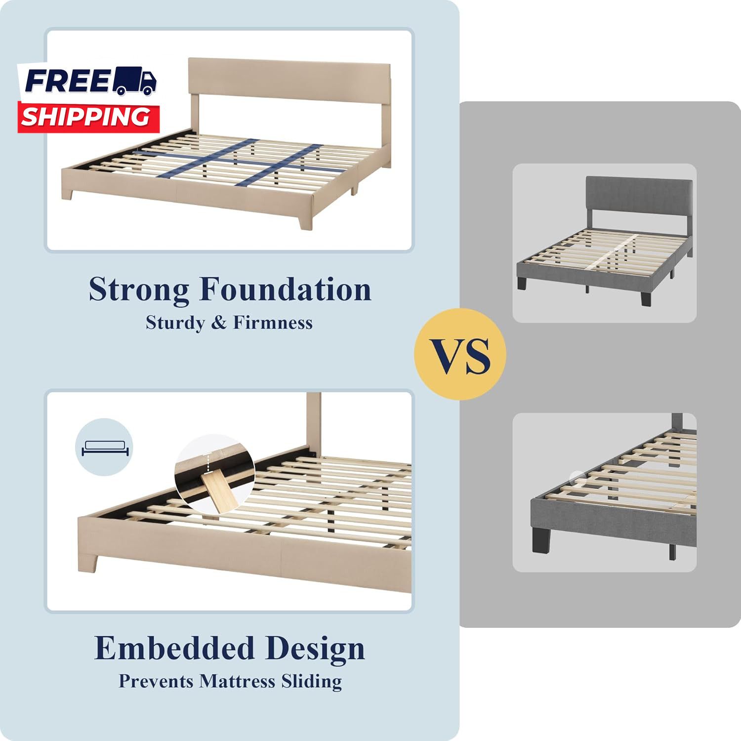 King Size Bed Frame with Adjustable Headboard Upholstered Platform Bed