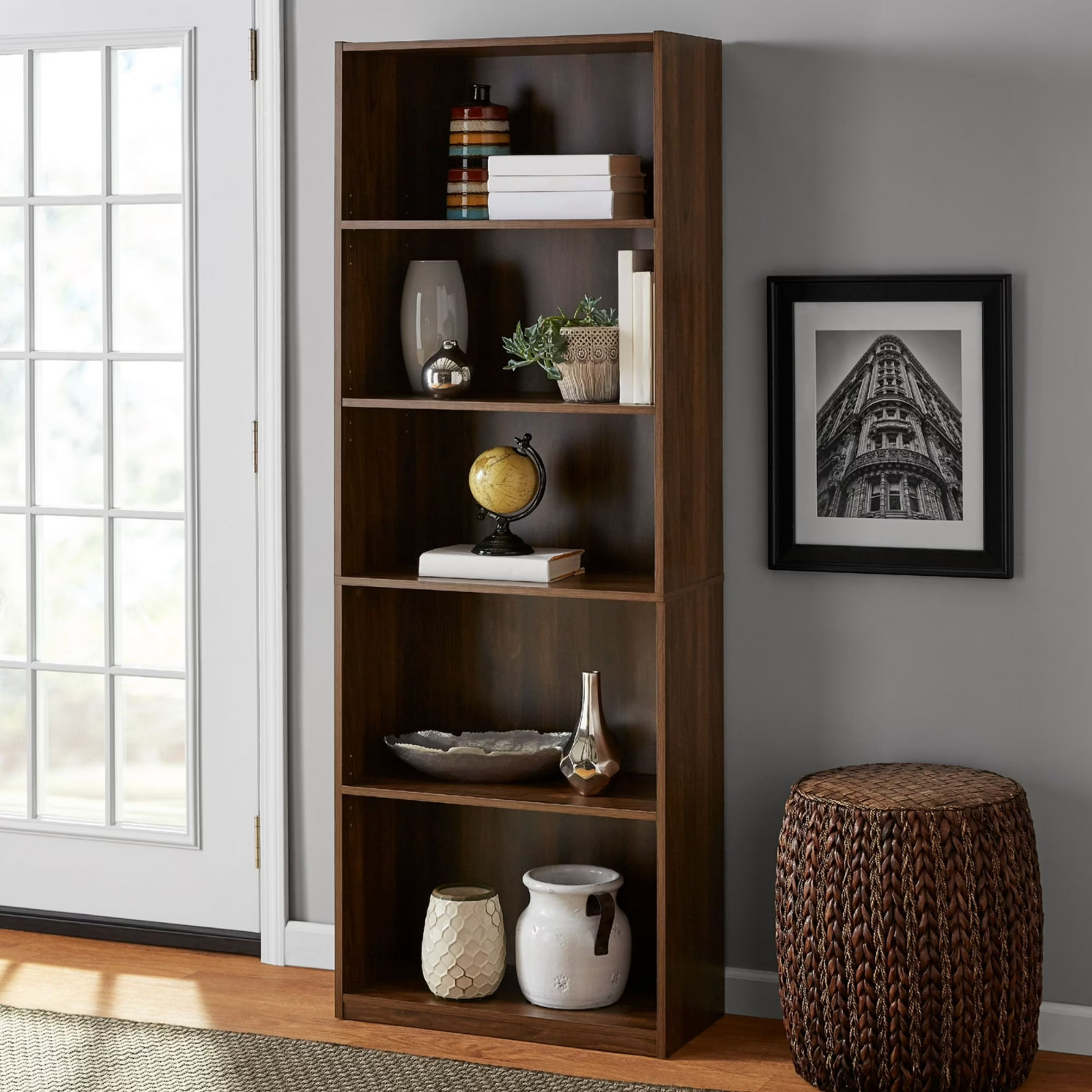 Tall 5-Shelf Wood Bookcase Canyon Walnut Office Storage Display Bookshelf 71″H