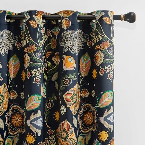 Vintage Floral Patterned Blackout Curtains 52″W x 84″L (Pack of 2) Navy Blue
