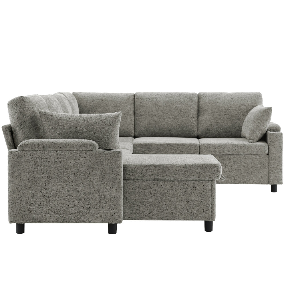 109.9″ Sectional Sofa Bed U-shaped Sofa with Storage, Cup Holders, Light Grey