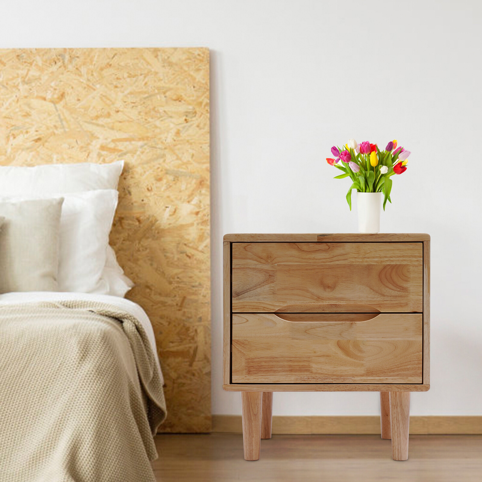 Modern Rubber Wood Nightstand with 2 Drawers for Stylish Bedroom Storage
