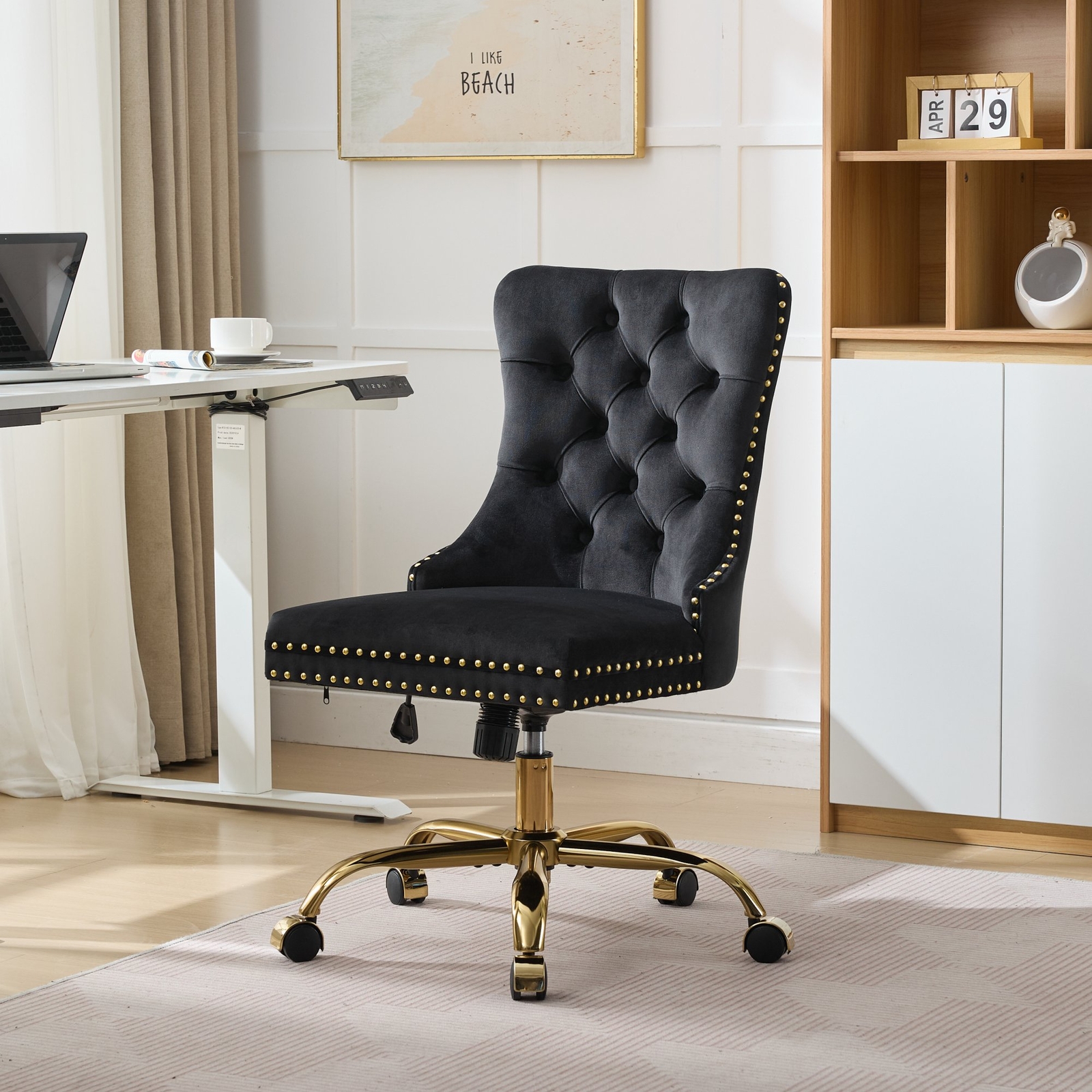 19.7-22.4″ Height Home Office Chair Swivel Velvet Desk Chair Accent Char Black