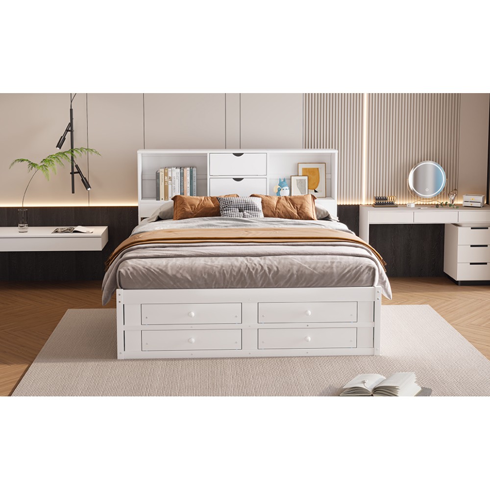 King Size Platform Bed with Storage Headboard and 8 Drawers, White / Gray