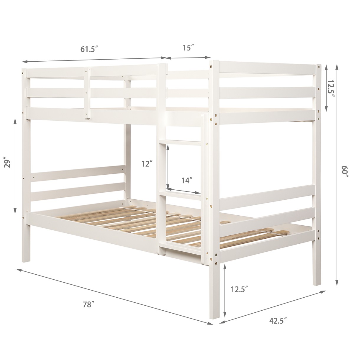 Twin Over Wood Bunk Beds W/Ladder & Safety Rail Home Pine Wood Bunk Bed White