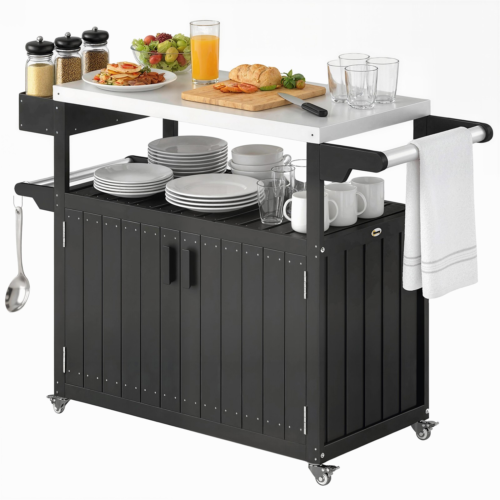 Outsunny Outdoor Bar Cart with Storage, HDPE Kitchen Cart, Black, Refurbished