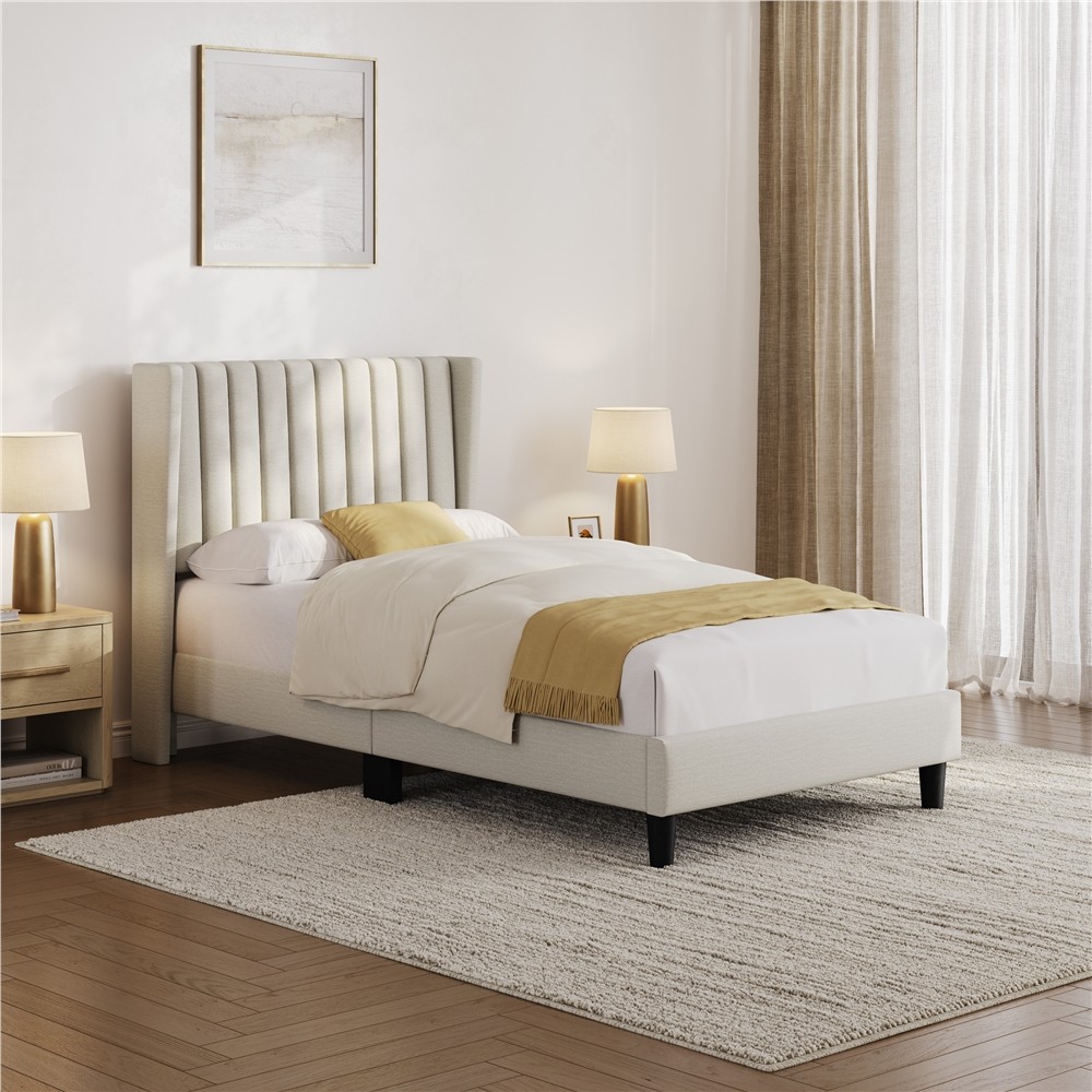 Fabric Upholstered Bed Frame with Wing Side and Channel Tufted Headboard
