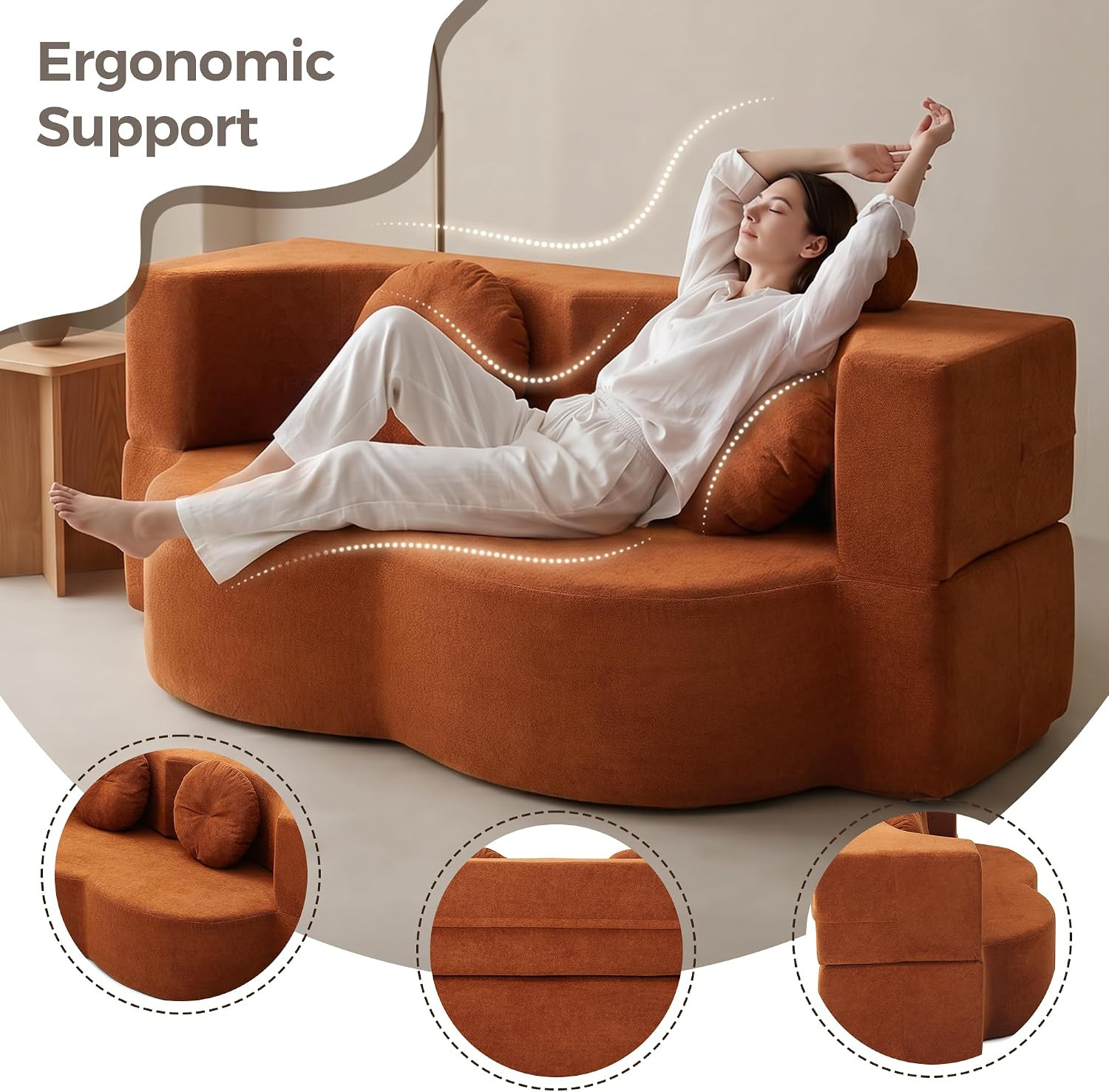 75.5″ Orange Futon Sofa Bed with Pillows – No Assembly, Convertible Loveseat