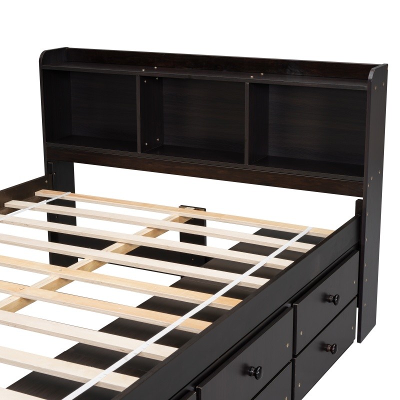Full Size Wood Storage Bed w/Bookcase,6 Drawers & Bed End Storage Case Espresso