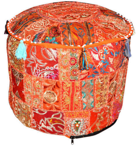 Handmade Bohemian Patchwork Orange Ottoman Pouf Cover Seating Foot Stool 22×22