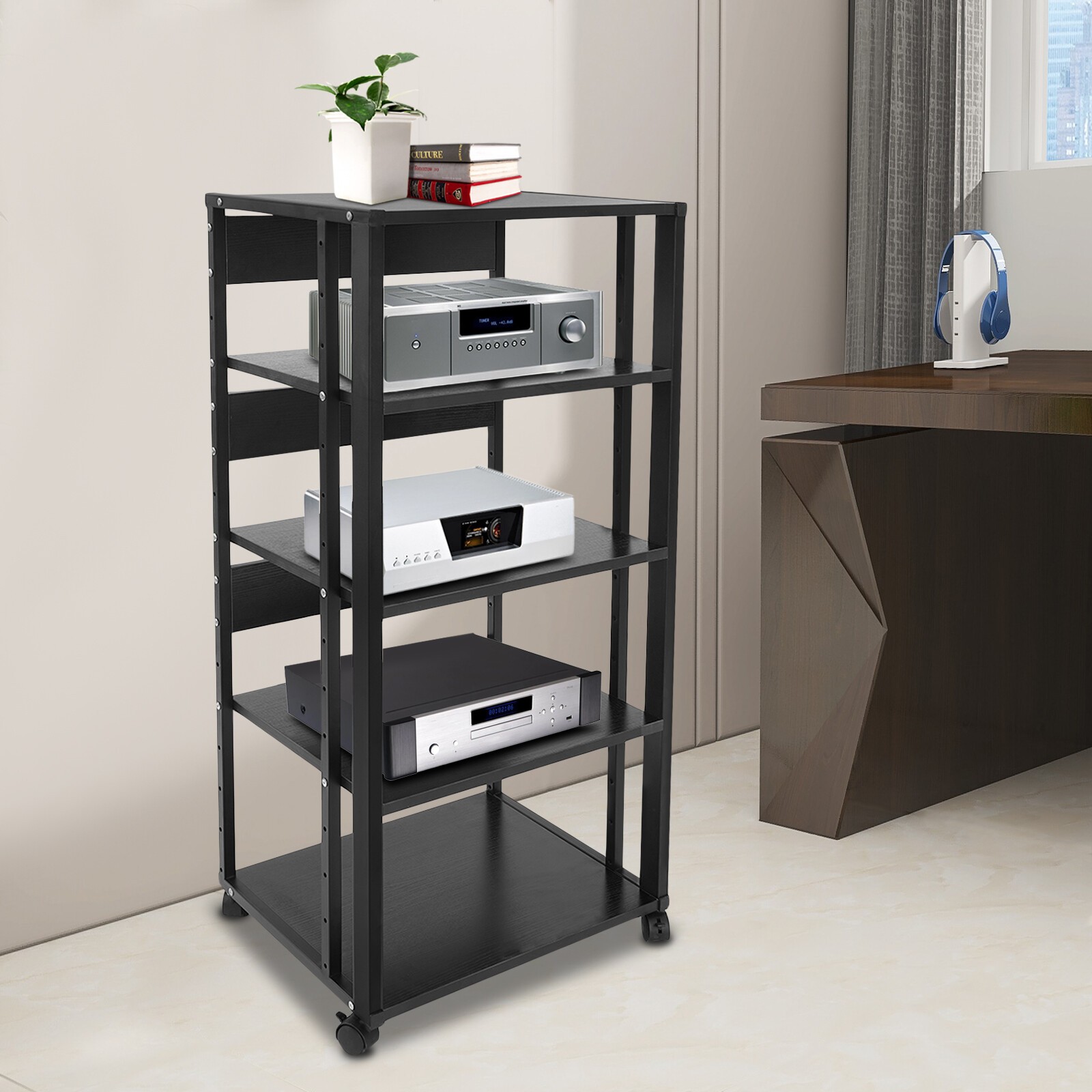 5-Tier AV Media Stand Rack Black Tall Heavy Duty Audio-Video Media Stand 17kg