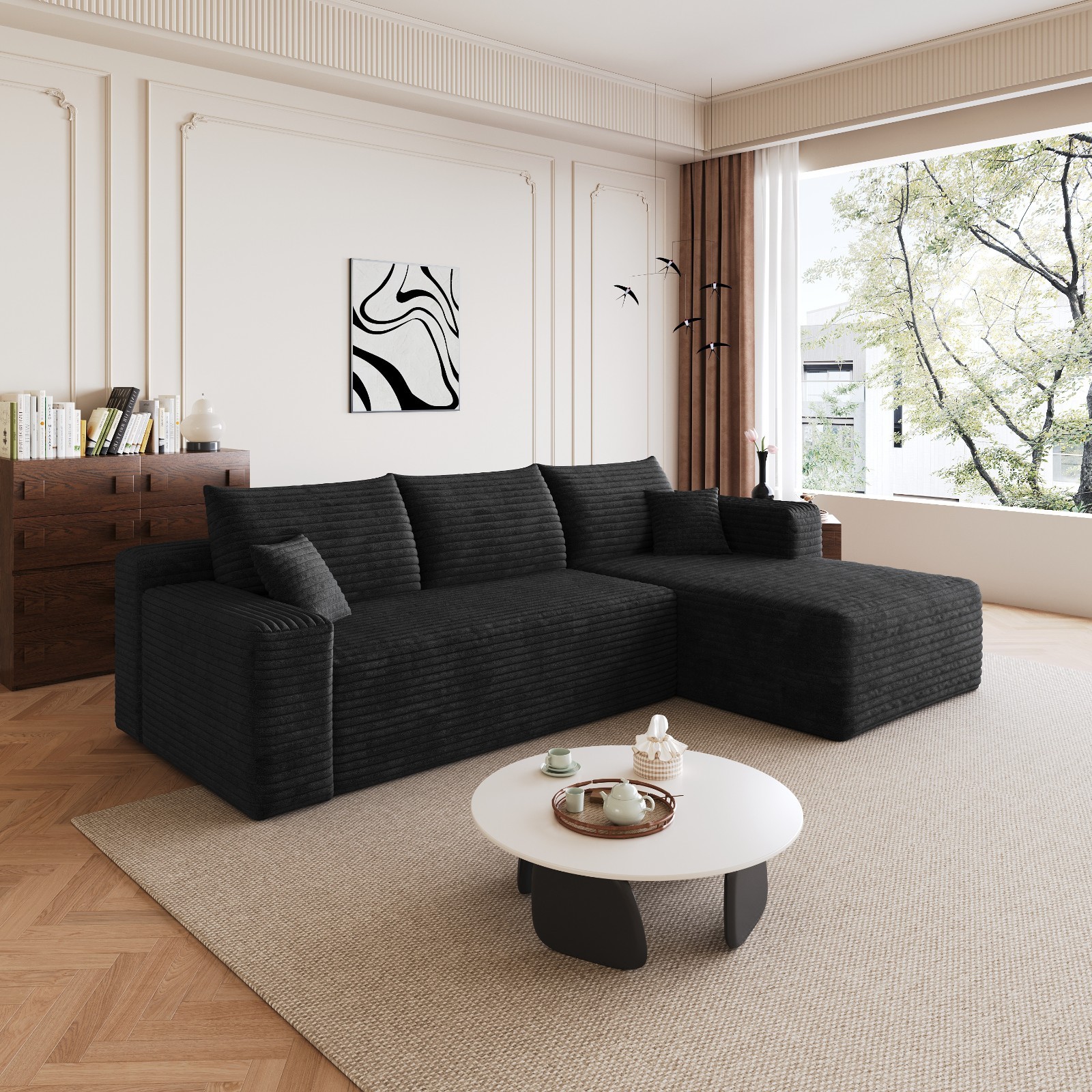95″ L Shaped Corduroy Sofa Cloud Boneless Sofa Set Right Chaise for Living Room