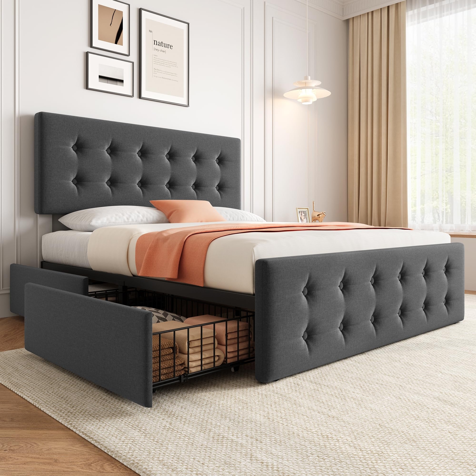 Full Size Bed Frame with Upholstered Storage Headboard with 4 Storage Drawers