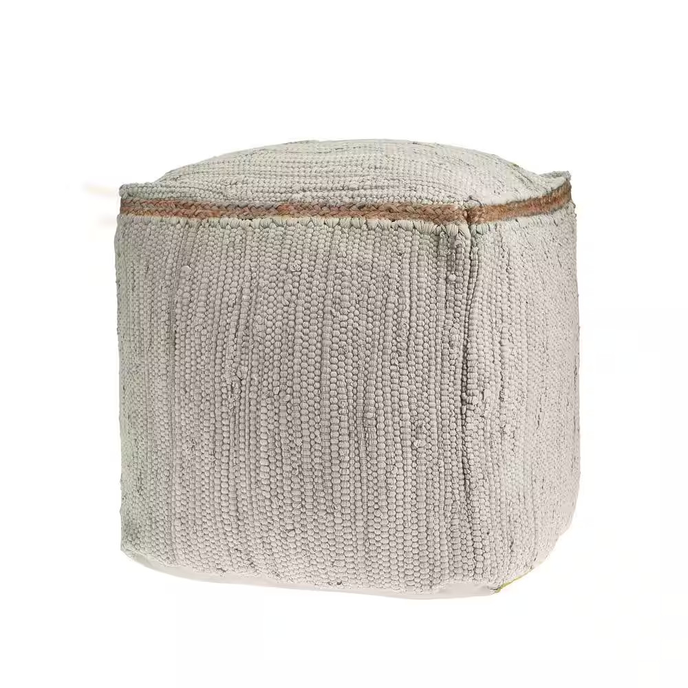 Dillion Birch Bordered Hand-Loomed Organic Cotton Pouf with Jute Braid