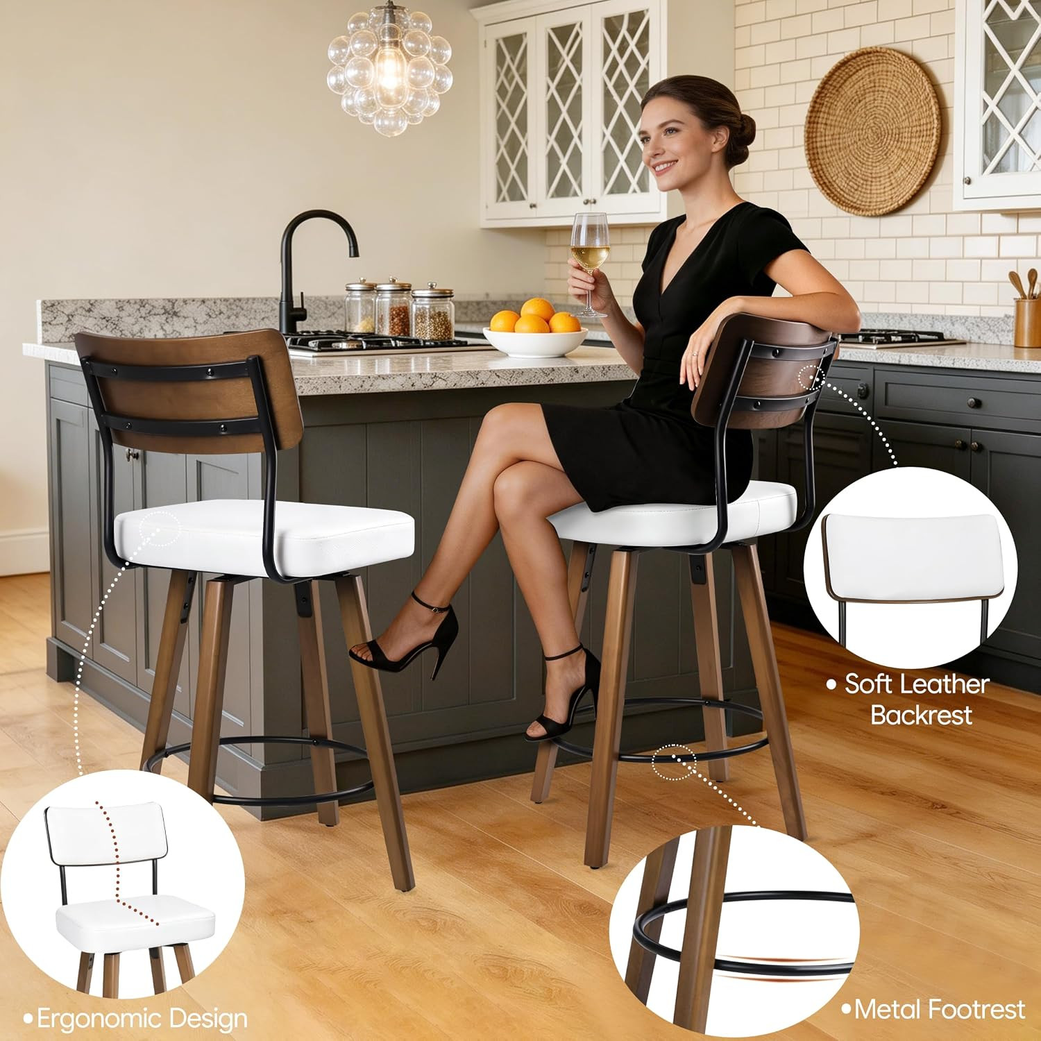 Set of 2 Swivel Bar Stools with Solid Wood Legs and Faux Leather Upholstery