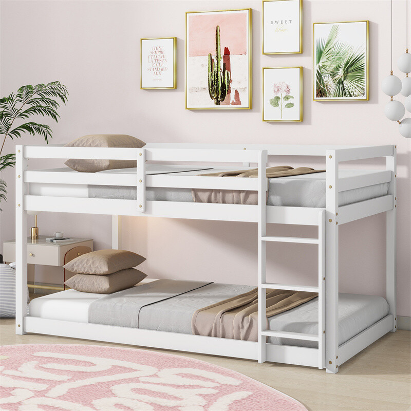 Twin Over Twin Floor Bunk Bed Wood,Low Bunk Bed with Ladder for Kids Teens,White